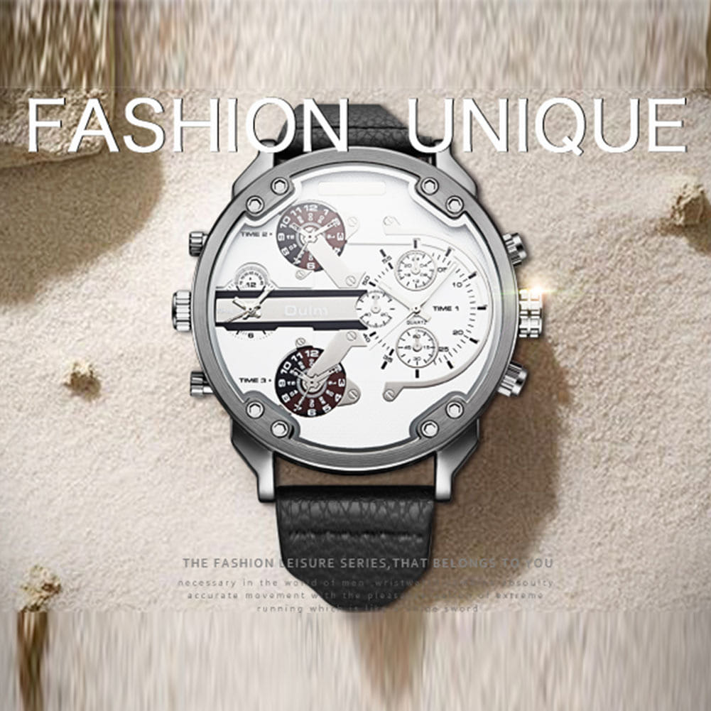 Oulm Men Business Two Time Zone Quartz Stylish Luxury Leather Watch Black - Image 4