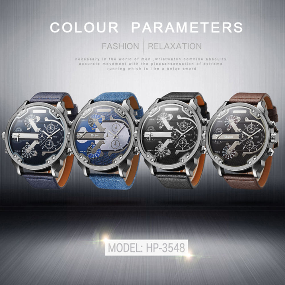 Oulm Men Business Two Time Zone Quartz Stylish Luxury Leather Watch Black - Image 6