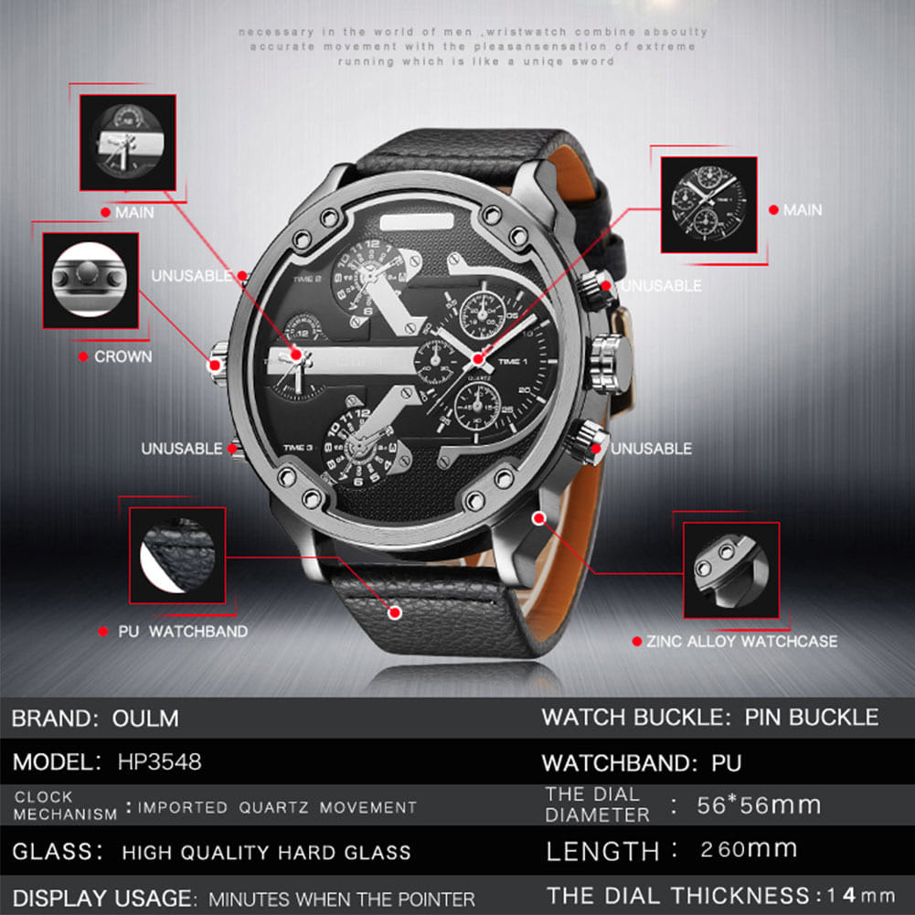Oulm Men Business Two Time Zone Quartz Stylish Luxury Leather Watch Black - Image 7