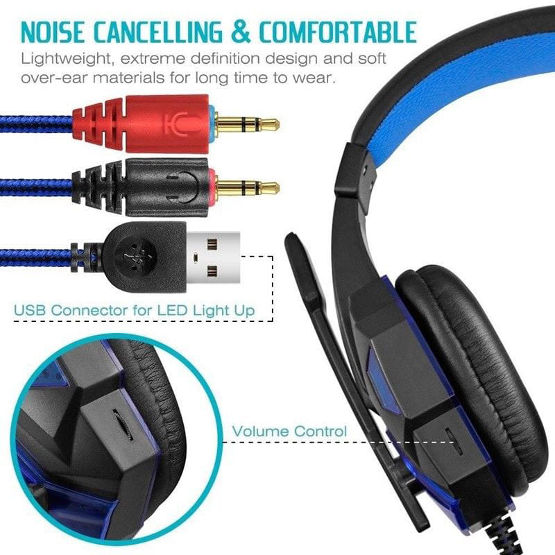 Over Ear Gaming Headset with Mic and LED Light for Laptop Cellphone PS4, Blue - Image 5