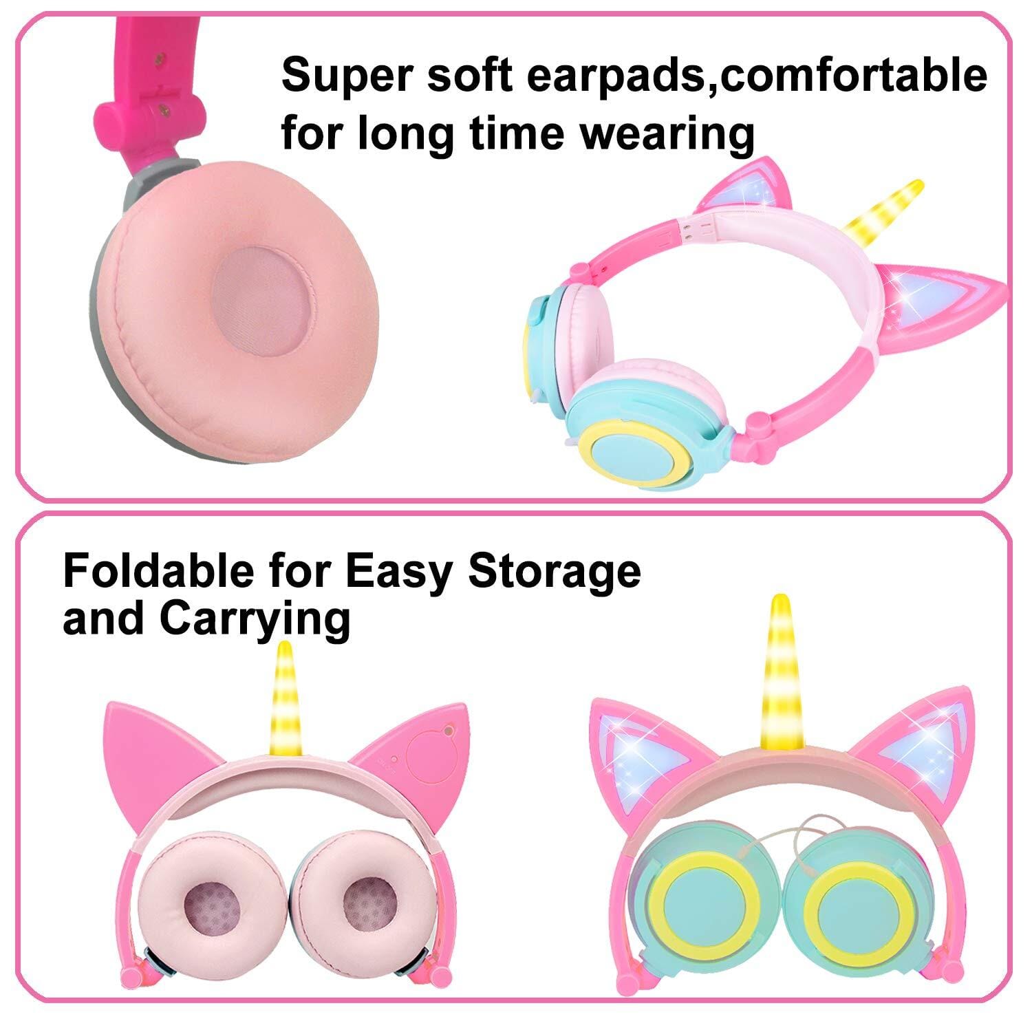 Cute Kids Cat Ear Headphones Wired Adjustable for Boys Girls Tablet Kids Headband Earphone Foldable Over On Ear Game Headset Black purple - Image 2