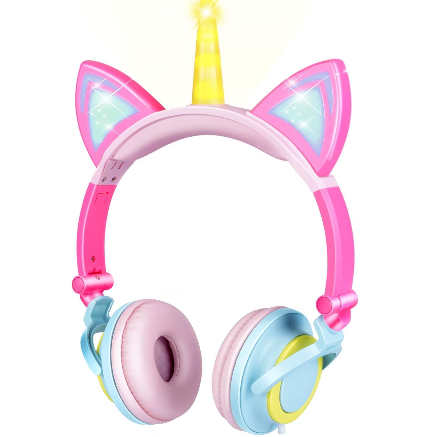 Cute Kids Cat Ear Headphones Wired Adjustable for Boys Girls Tablet Kids Headband Earphone Foldable Over On Ear Game Headset Yellow pink - Image 3