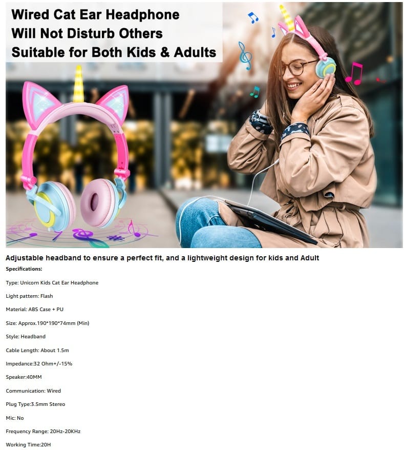 Cute Kids Cat Ear Headphones Wired Adjustable for Boys Girls Tablet Kids Headband Earphone Foldable Over On Ear Game Headset Black pink - Image 5