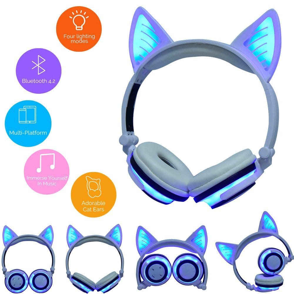Cute Cat Ear Rechargeable Gaming Headset with LED Lights Colorful Over Ear Foldable Headphones with Mic for Cell Phone purple - Image 2