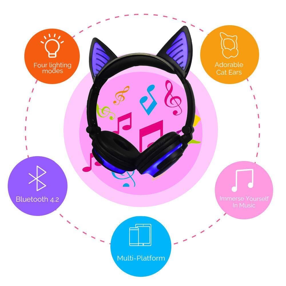 Cute Cat Ear Rechargeable Gaming Headset with LED Lights Colorful Over Ear Foldable Headphones with Mic for Cell Phone purple - Image 4