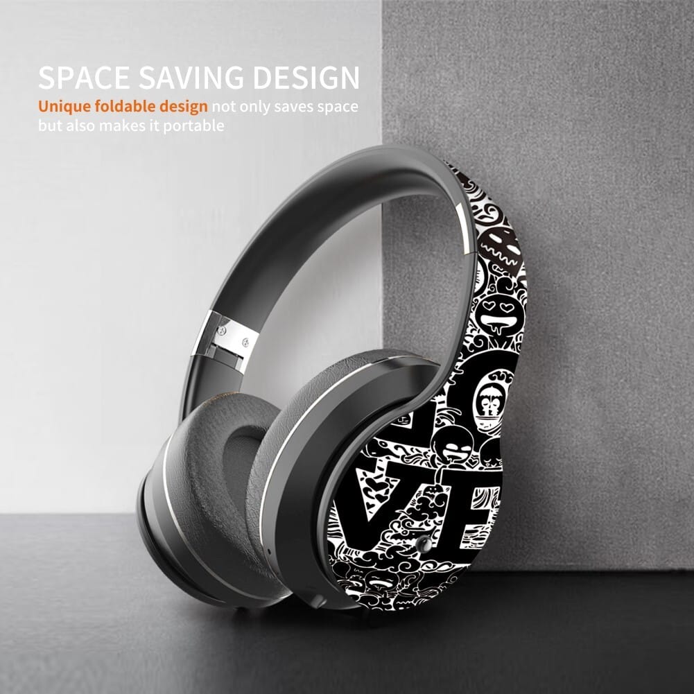 BT Headset Graffiti Pattern Head-mounted Wireless Bluetooth Headphone Universal for PC and Phone Plug-in Card Foldable Black and silver - Image 5