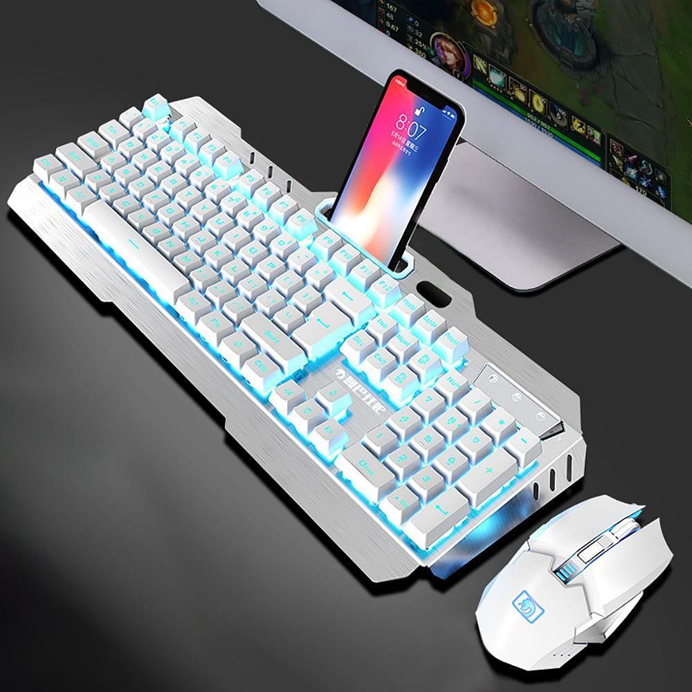 Wireless Mechanical Keyboard And Mouse Game Set Rechargeable With Backlight For Gaming white ice blue light