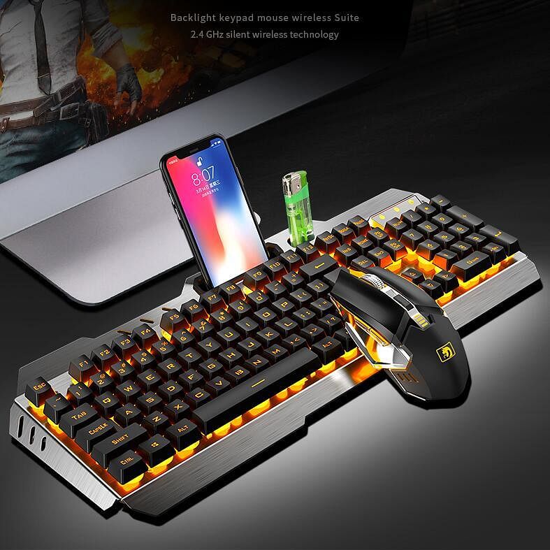 Wireless Mechanical Keyboard And Mouse Game Set Rechargeable With Backlight For Gaming Metal gray yellow light