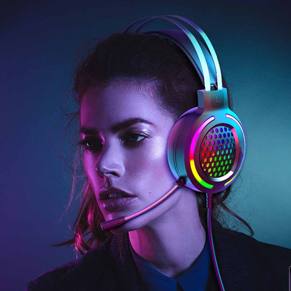 Hollow RGB Gaming Headset Wired Computer Headset Heavy Bass 7.1 Usb Headset With Microphone Pink - Image 2