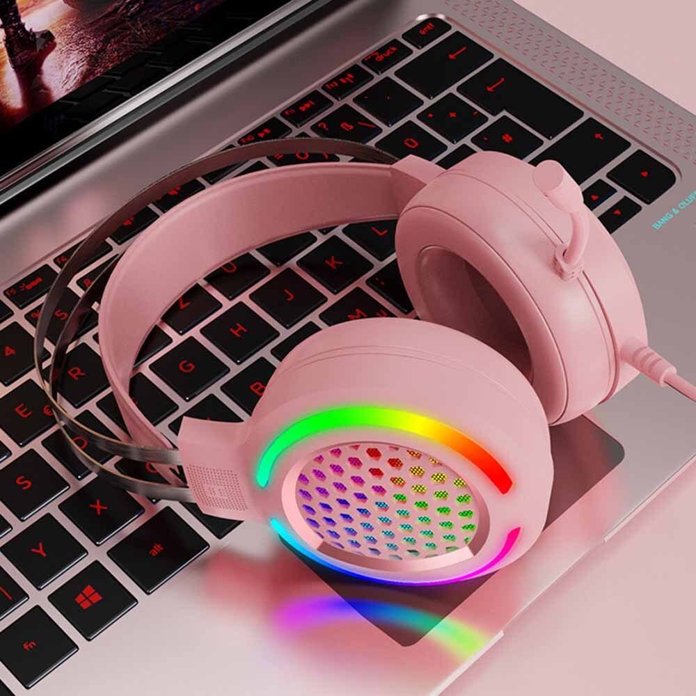 Hollow RGB Gaming Headset Wired Computer Headset Heavy Bass 7.1 Usb Headset With Microphone Pink - Image 6