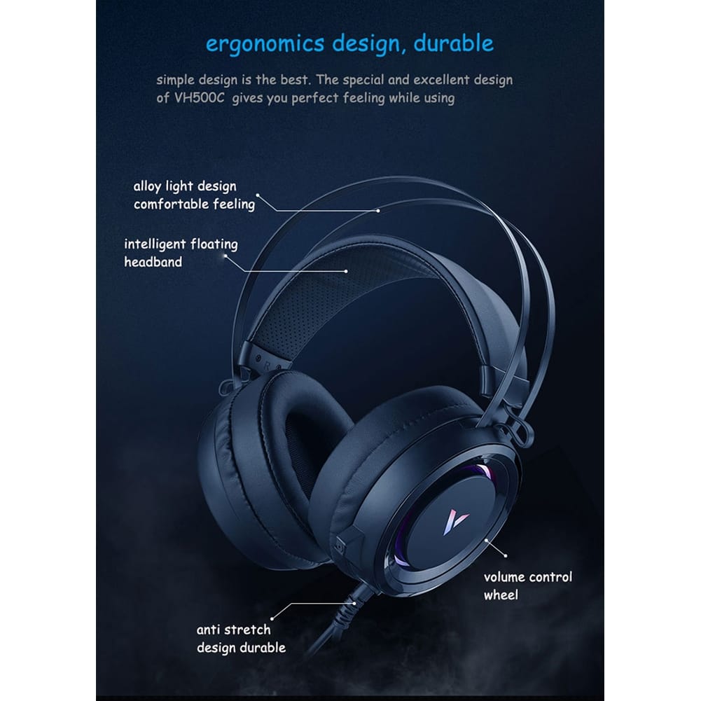 VH500C Gaming Headset Virtual 7.1 Surround Sound Headphone RGB Led Light 50mm Driver Unit With Mic Black - Image 2