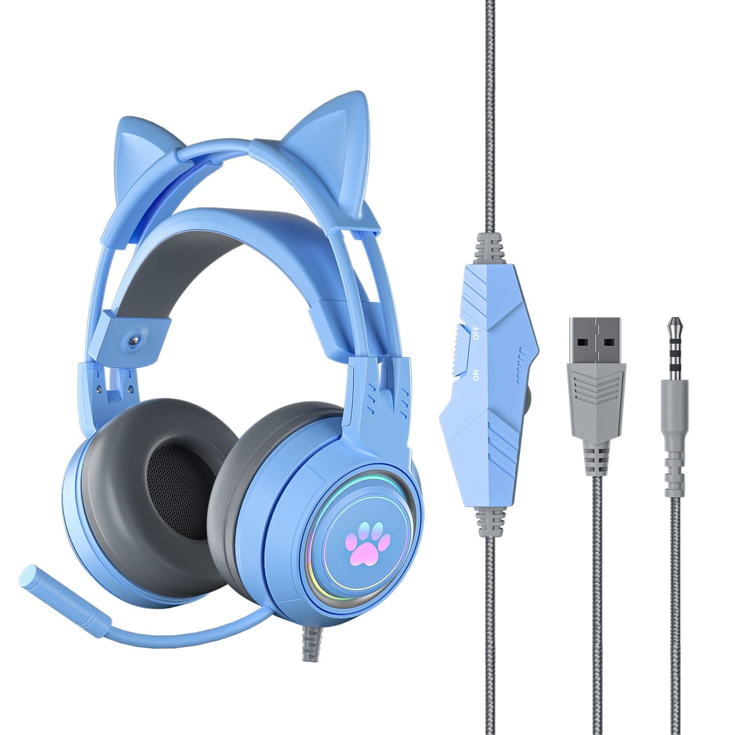 G25 Cute Cat Ear Luminous Wired Headset Noise-canceling High-definition Microphone Stereo Ergonomic Gaming Computer Earphone Blue - Image 6