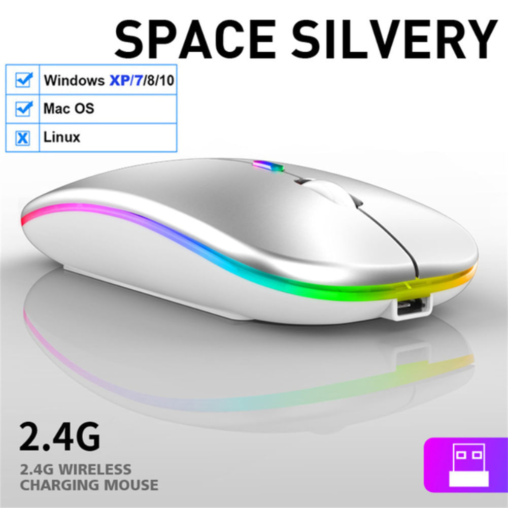 2.4G Wireless Mouse Usb Rechargeable Bluetooth RGB Silent Mouse with Backlight for Laptop iPad Silver