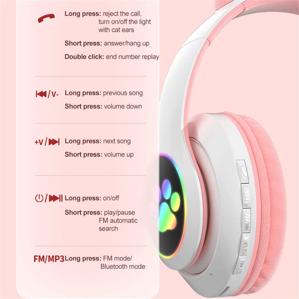 Cute Cat Ears Wireless Headphones with Mic Stereo Music Gaming Led RGB Bluetooth Headset Black - Image 2