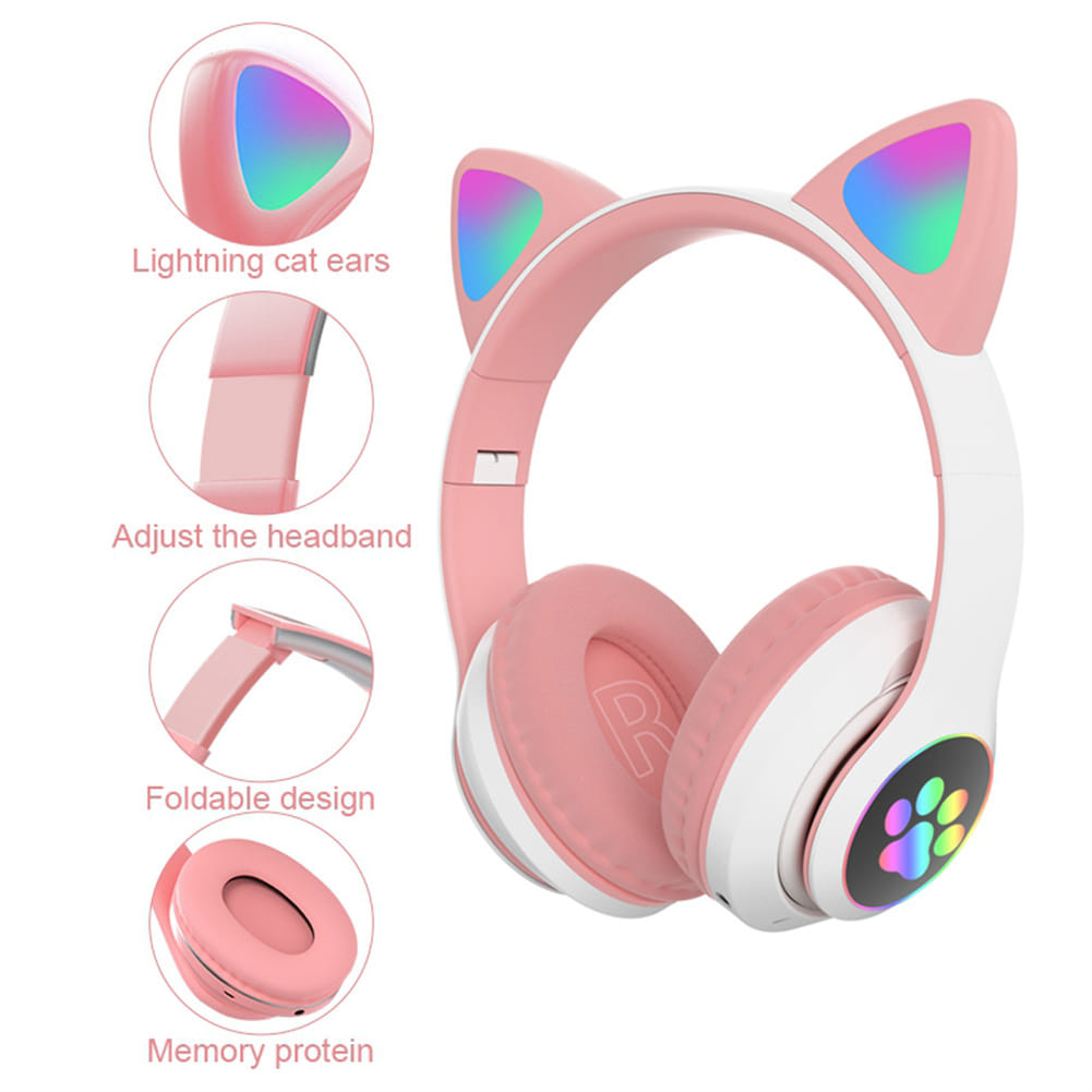 Cute Cat Ears Wireless Headphones with Mic Stereo Music Gaming Led RGB Bluetooth Headset Black - Image 3
