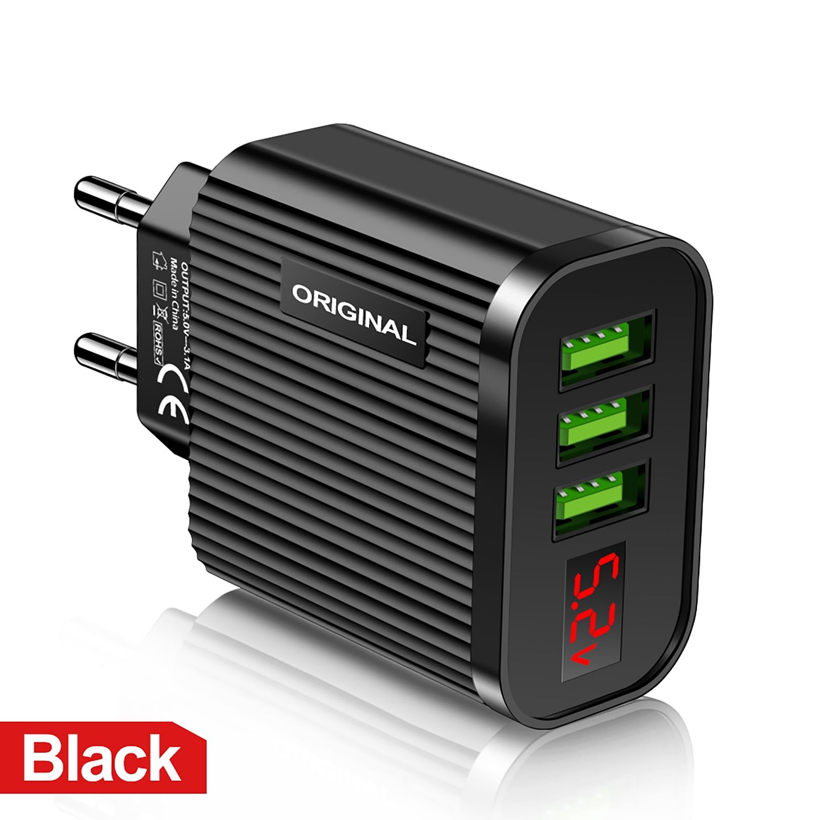 3 Usb Ports Mobile Phone Charger Digital Display 5V/3.1A Travel Fast Quick Charging Adapter Black EU Plug