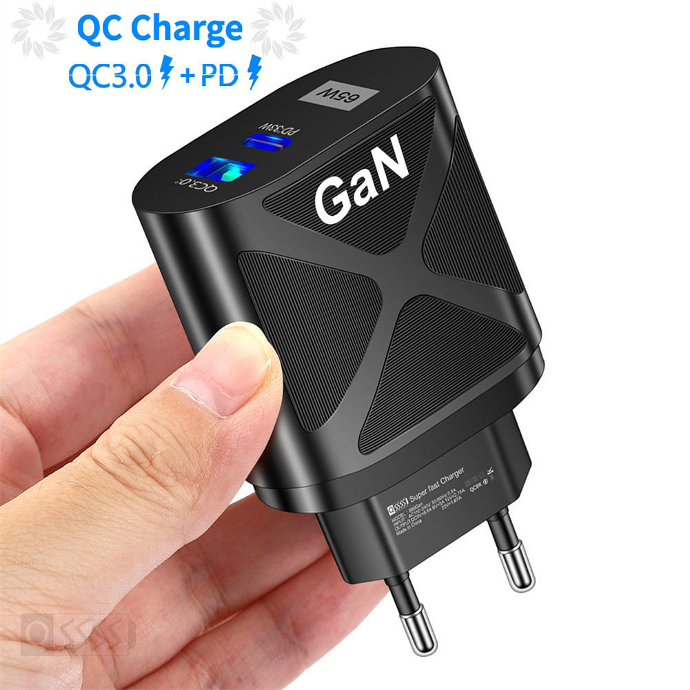 65w GaN Gallium Nitride Charger Multi-port Usb Fast Charge Adapter Compatible for Macbook Pro Laptop Phone Black EU Plug