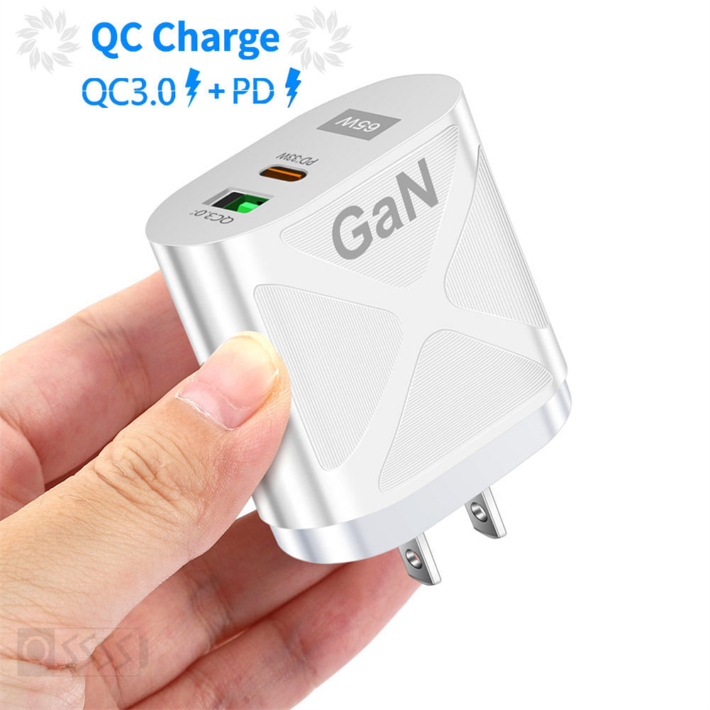 65w GaN Gallium Nitride Charger Multi-port Usb Fast Charge Adapter Compatible for Macbook Pro Laptop Phone White US Plug