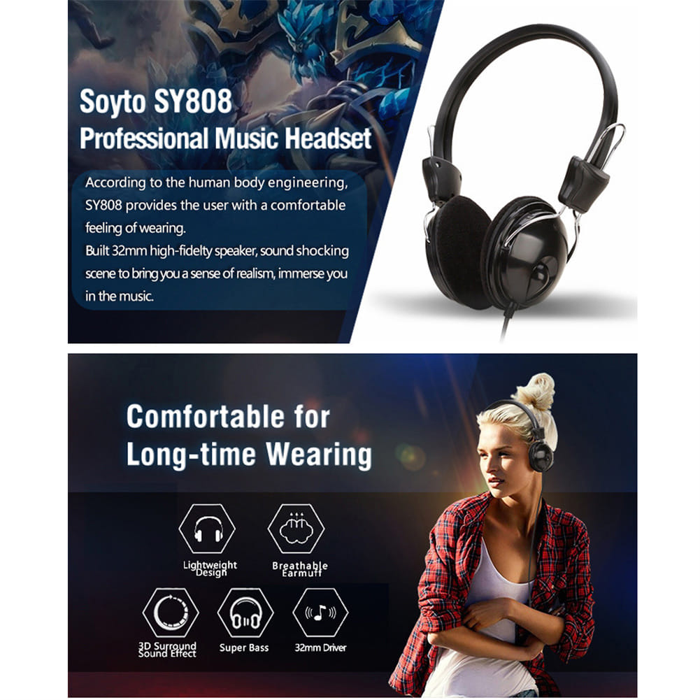 Bass Wired Gaming Headset 3.5mm Plug Foldable Portable Hifi Headphones Sy808 for Phone Tablet Black - Image 3