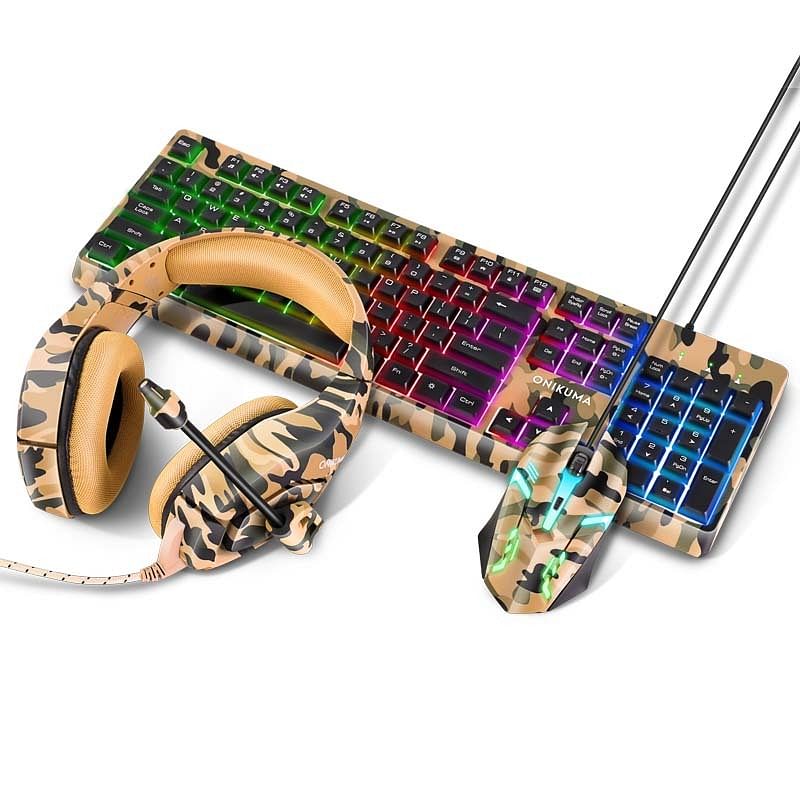 Keyboard Mouse Headset Set Light-emitting Keyboard Adjustable 1600dpi Mouse Camouflage Yellow