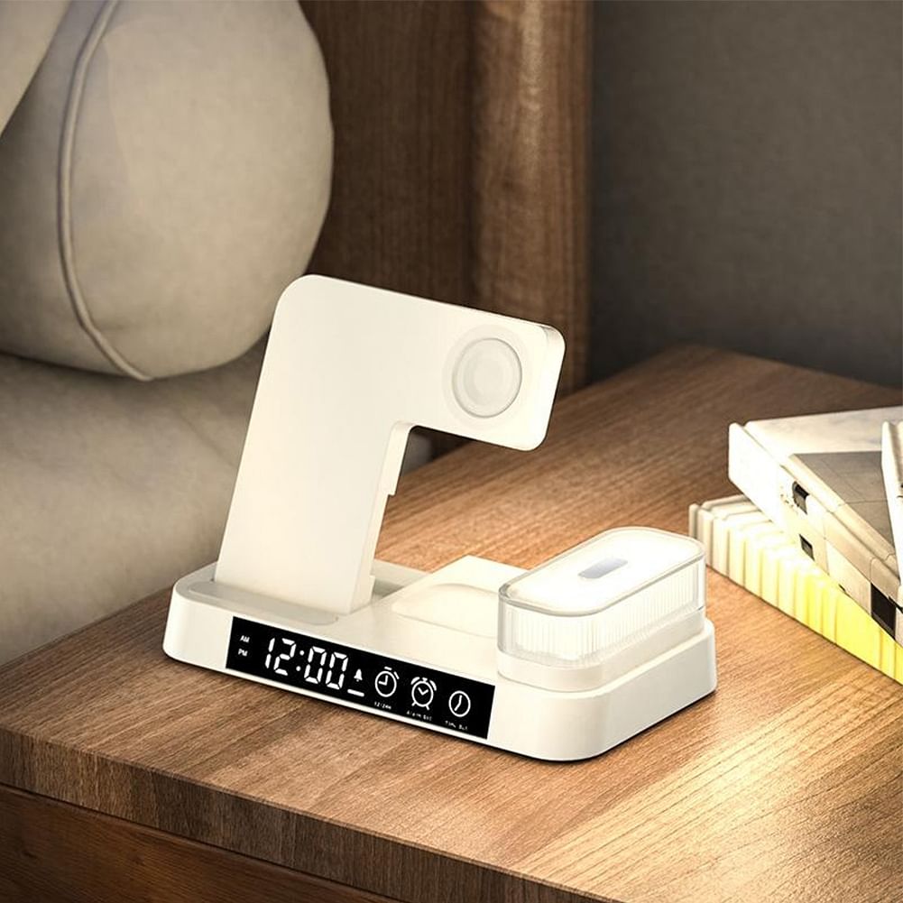 4-in-1 Wireless Fast Charger Alarm Clock RGB Night Light Wireless Charging Station for Watch Phone White for IOS