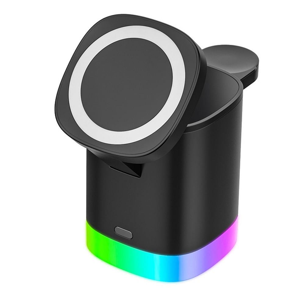 3-in-1 Foldable Wireless Charger Charging Stand with RGB Lighting for iPhone14 Magsafe iWatch Headphone Black