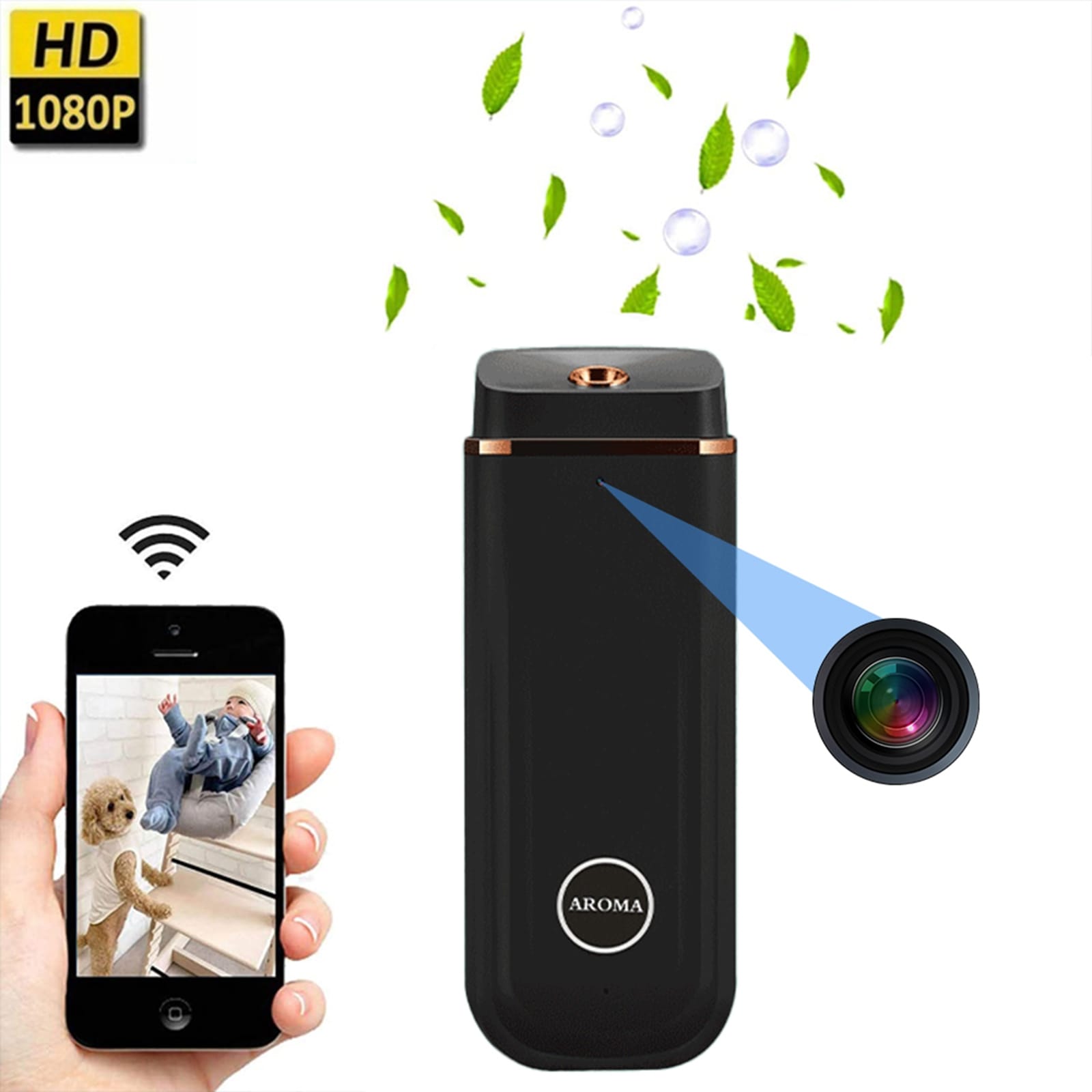 1080P HD Wifi P2p Camera Air Humidifier Video Recorder DVR Aroma Diffuser Infrared Night Vision Home Camcorder Black - Image 2
