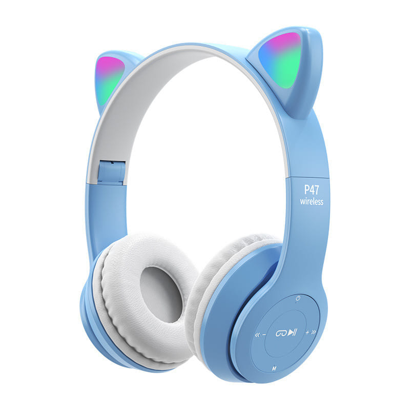 P47m Bluetooth 5.0 Headphones Big Cat Ear Wire-controlled Gaming Headset Hifi Sports Earphones light blue - Image 3