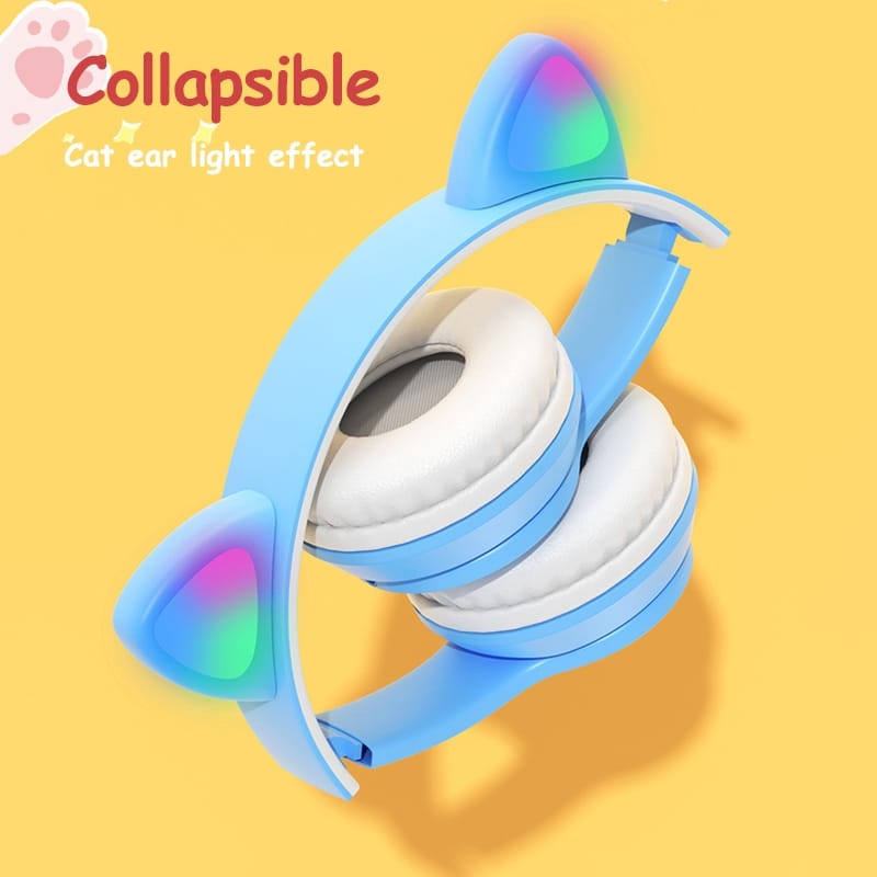 P47m Bluetooth 5.0 Headphones Big Cat Ear Wire-controlled Gaming Headset Hifi Sports Earphones light blue - Image 4