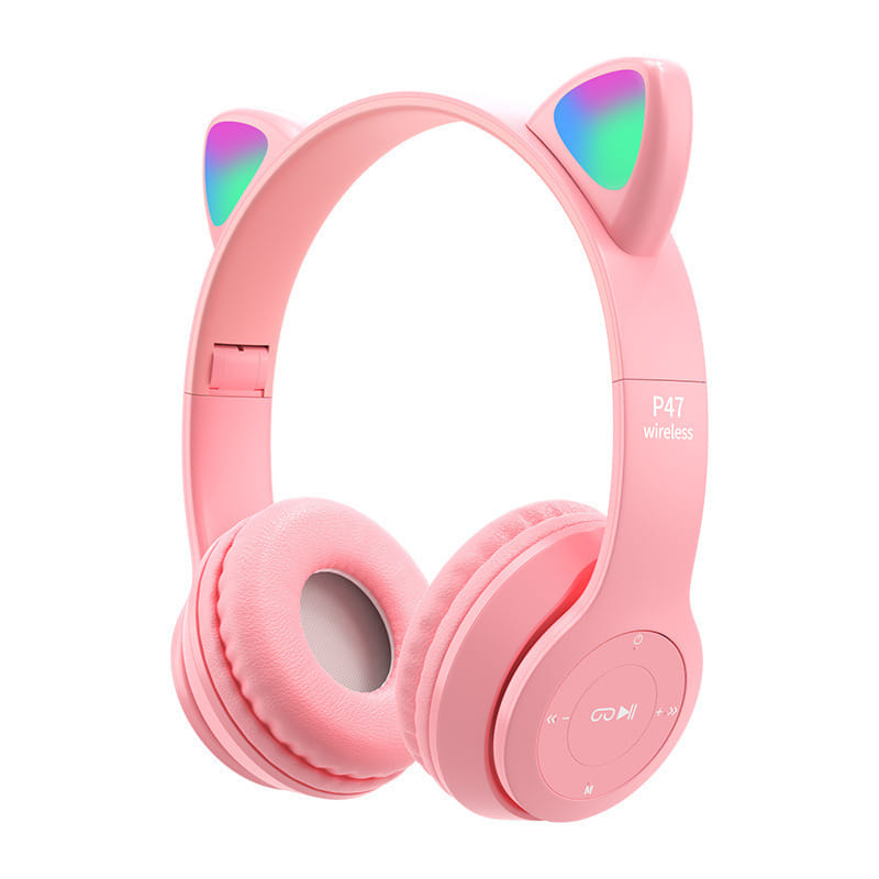 P47m Bluetooth 5.0 Headphones Big Cat Ear Wire-controlled Gaming Headset Hifi Sports Earphones pink - Image 2