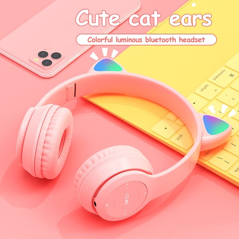 P47m Bluetooth 5.0 Headphones Big Cat Ear Wire-controlled Gaming Headset Hifi Sports Earphones Navy blue - Image 6