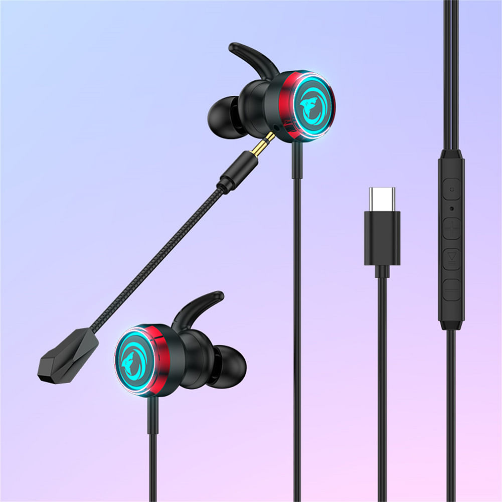 Gaming Headset with Dual Controllable Microphone Digital Decoding In-ear Gamer Earphone with Rgb Light Black Red