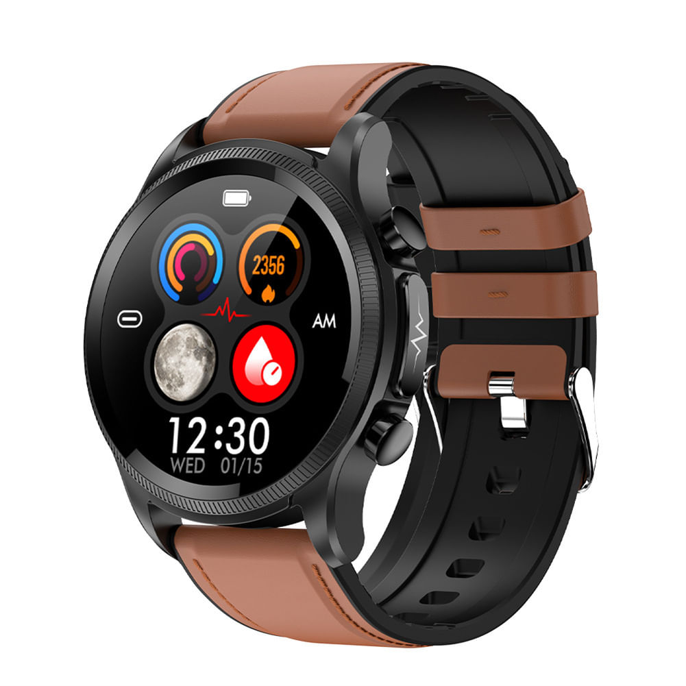 E400 Smart Watch Full Touch Screen Ecg Ppg Blood Oxygen Monitoring Ip68 Waterproof Smartwatch Brown Belt
