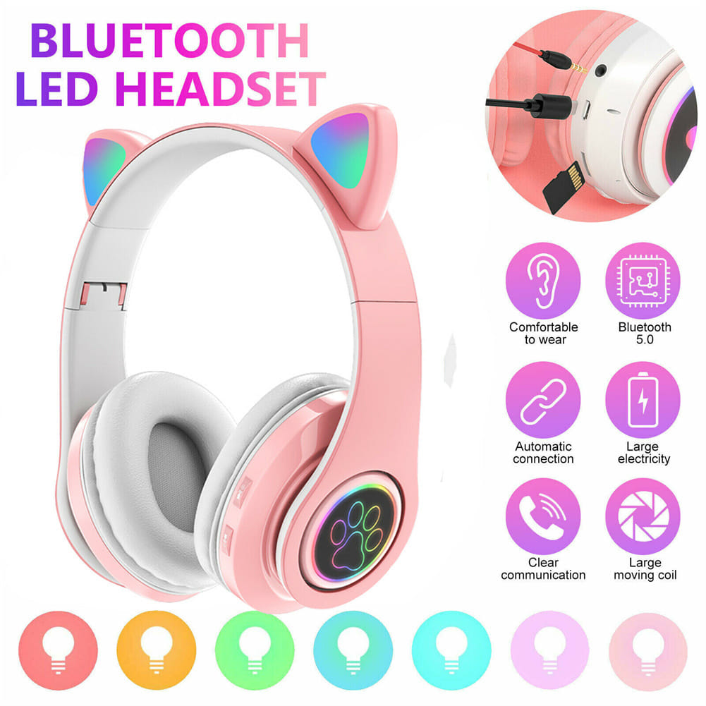 Cat Ear Bluetooth Headphones Led Light Wireless Earphone With Microphone Gifts For Kids Girls Purple - Image 6