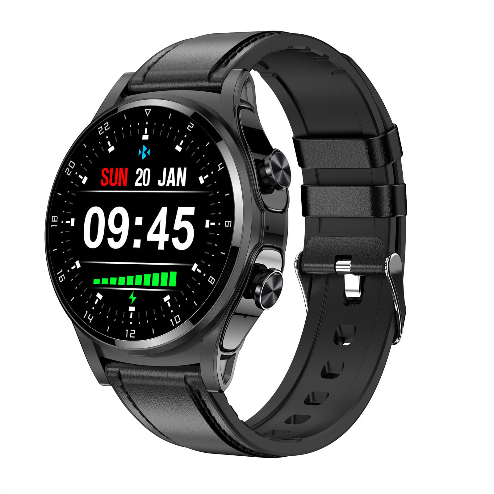 Gt66 Smart Watch with Earbuds 1.39inch Round Fitness Tracker Sports Watch Black Leather Strap