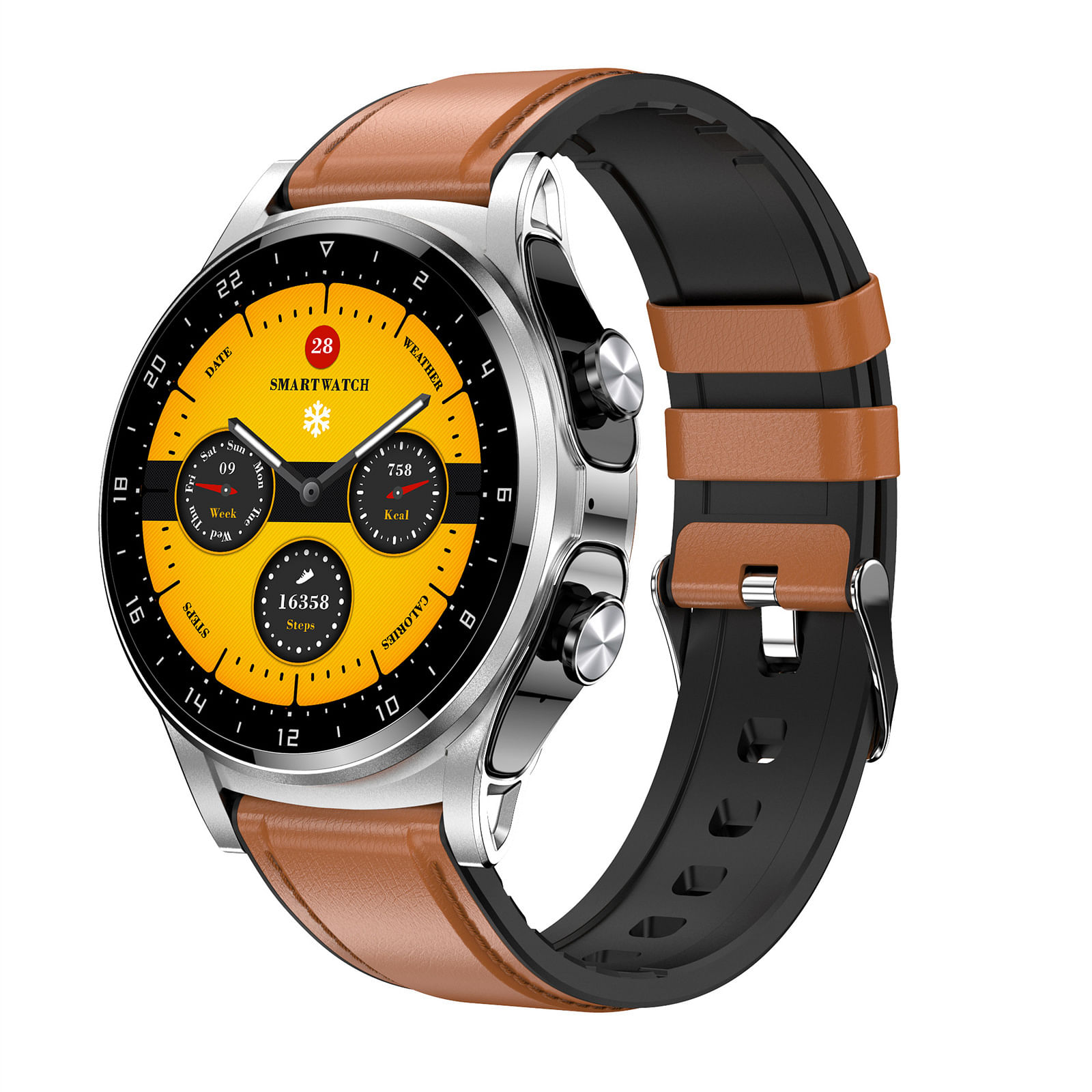 Gt66 Smart Watch with Earbuds 1.39inch Round Fitness Tracker Sports Watch Silver Leather Strap