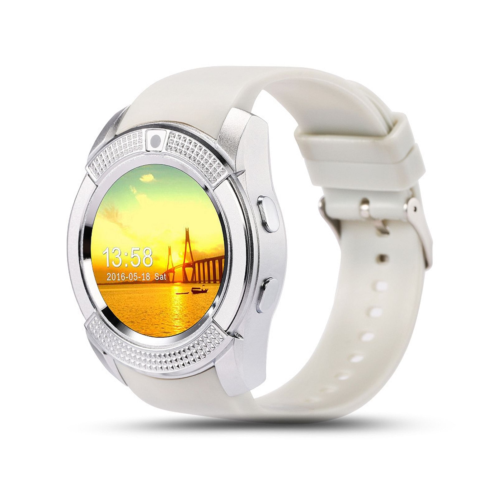 V8 Men Women Smart Watch Sleeping Monitoring Pedometer With 1.22 Inch Round Screen HD Camera Fitness Watch White