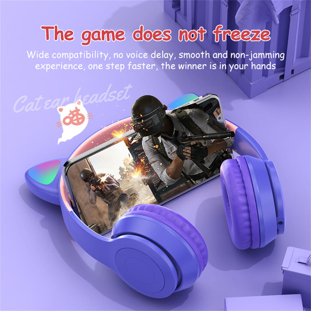 P47 Kids Headphones With Cat Ear RGB Led Light Up Foldable Over-Ear Headphones With AUX 3.5mm Wireless Headset Purple - Image 2