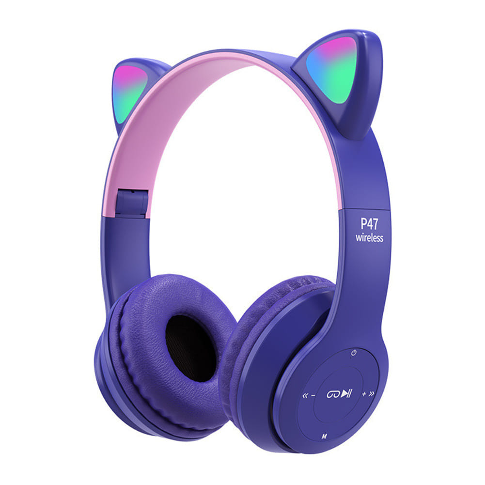P47 Kids Headphones With Cat Ear RGB Led Light Up Foldable Over-Ear Headphones With AUX 3.5mm Wireless Headset Purple - Image 4