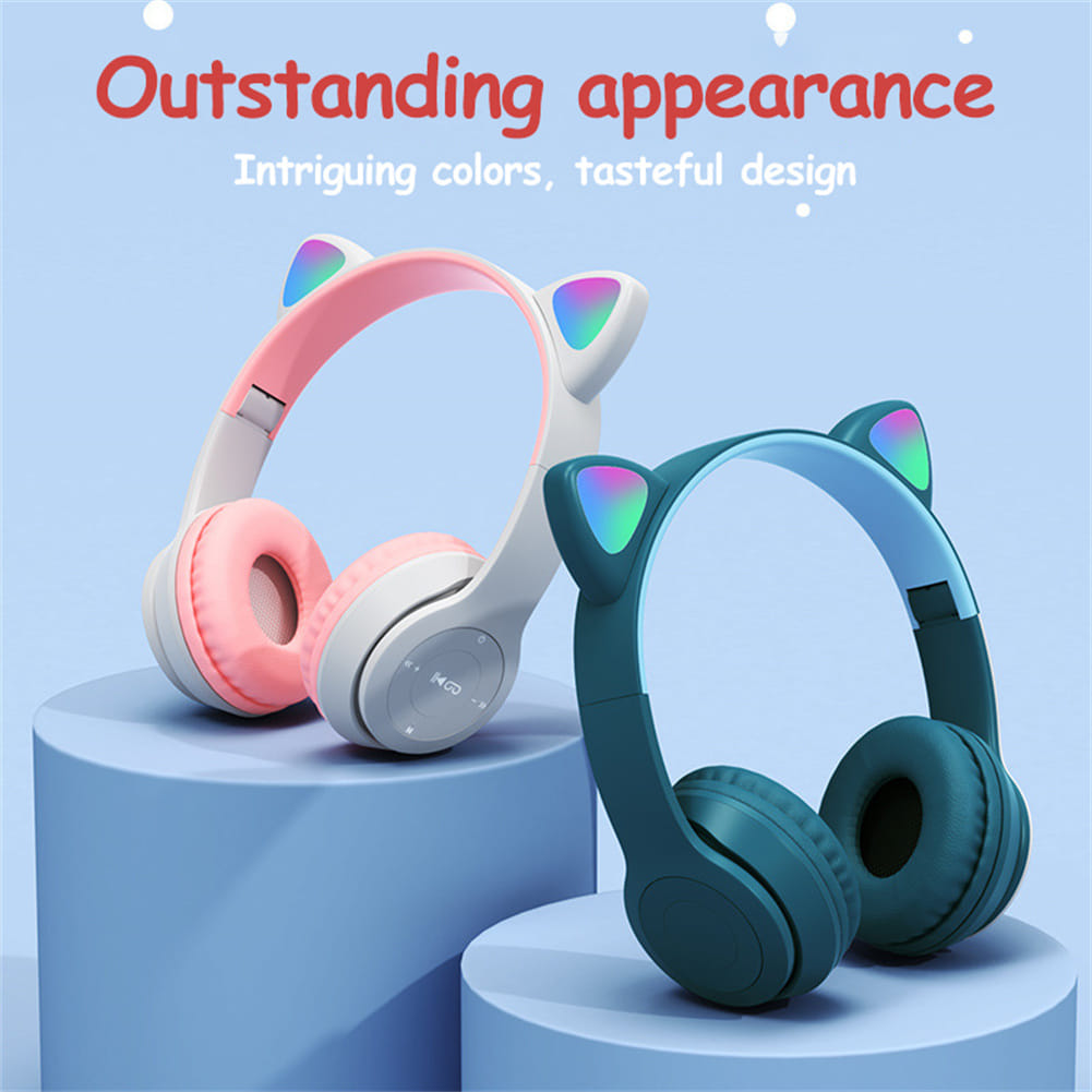 P47 Kids Headphones With Cat Ear RGB Led Light Up Foldable Over-Ear Headphones With AUX 3.5mm Wireless Headset Purple - Image 5