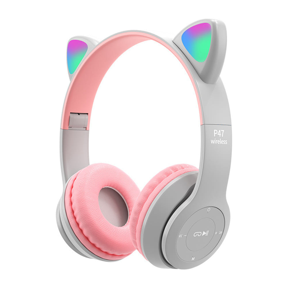 P47 Kids Headphones With Cat Ear RGB Led Light Up Foldable Over-Ear Headphones With AUX 3.5mm Wireless Headset pink gray - Image 2