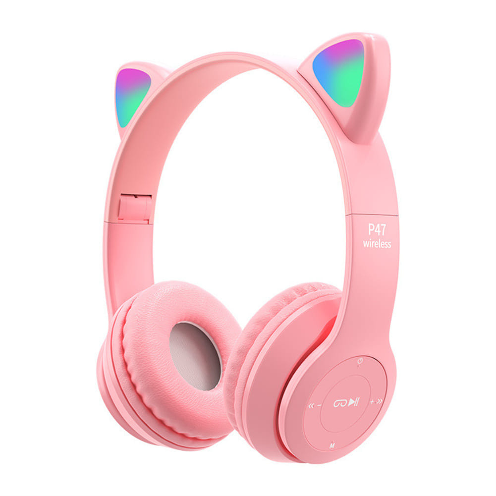 P47 Kids Headphones With Cat Ear RGB Led Light Up Foldable Over-Ear Headphones With AUX 3.5mm Wireless Headset pink - Image 4