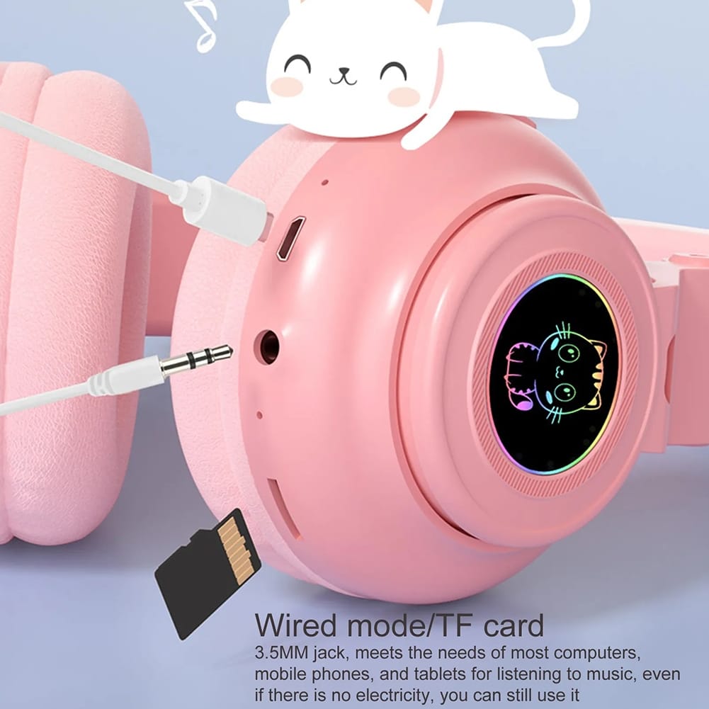 STN26 Headphones With Built-in Microphone Colorful Lights Cat Ear Shape Over Ear Wireless Headphones For Boys Girls Kids White - Image 4