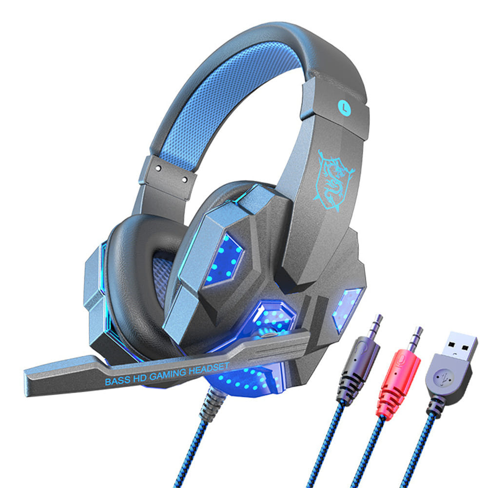 SY830MV Wired Headset Noise Canceling Stereo Headphones Over Ear Headphones With Cool LED Lighting For Cell Phone Gaming Computer Laptop dark blue