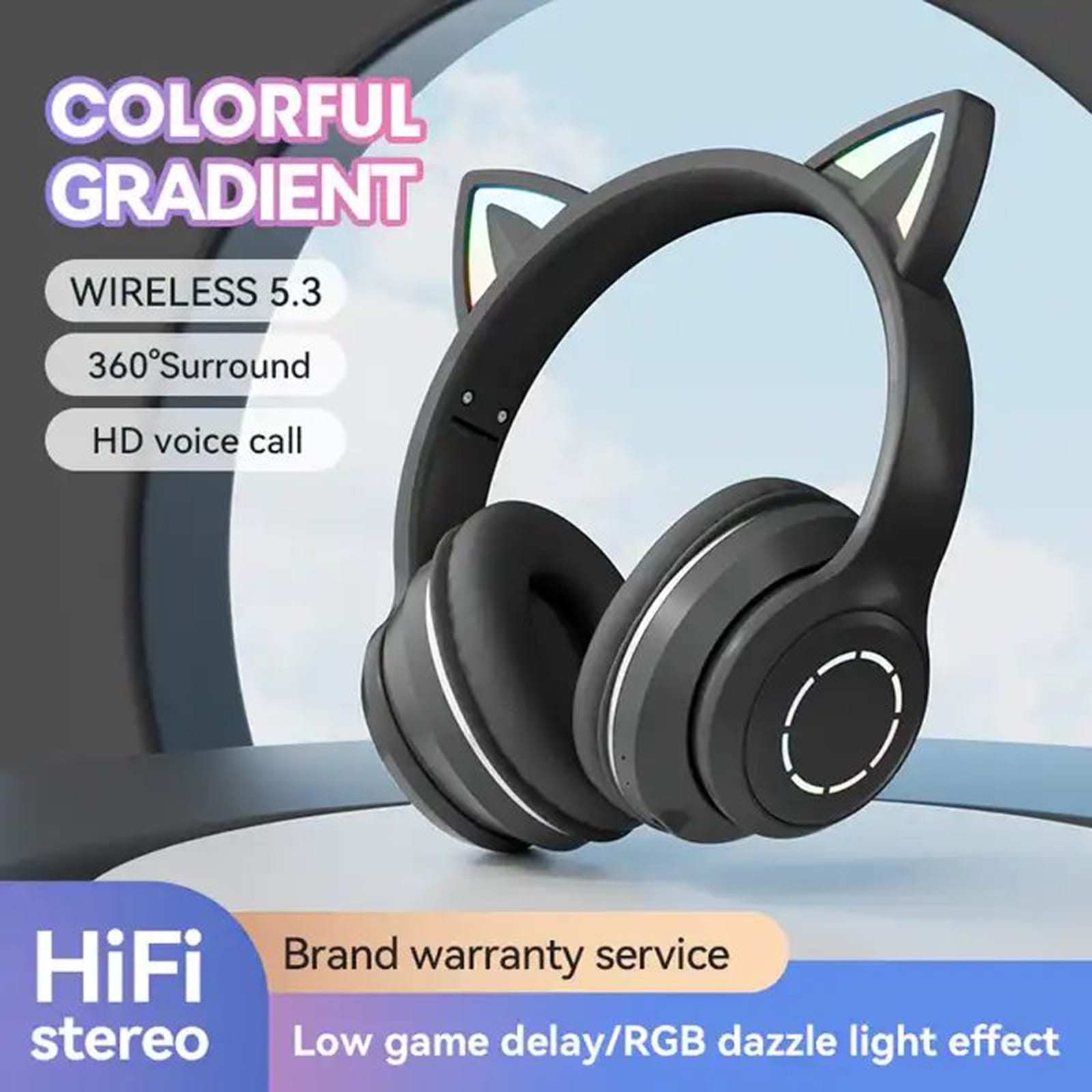 Gradient Cat Ears Noise Canceling Headset Stereo Sound Headphones Wireless Headphones With Built-in Microphone For Home Gaming purple + microphone - Image 3