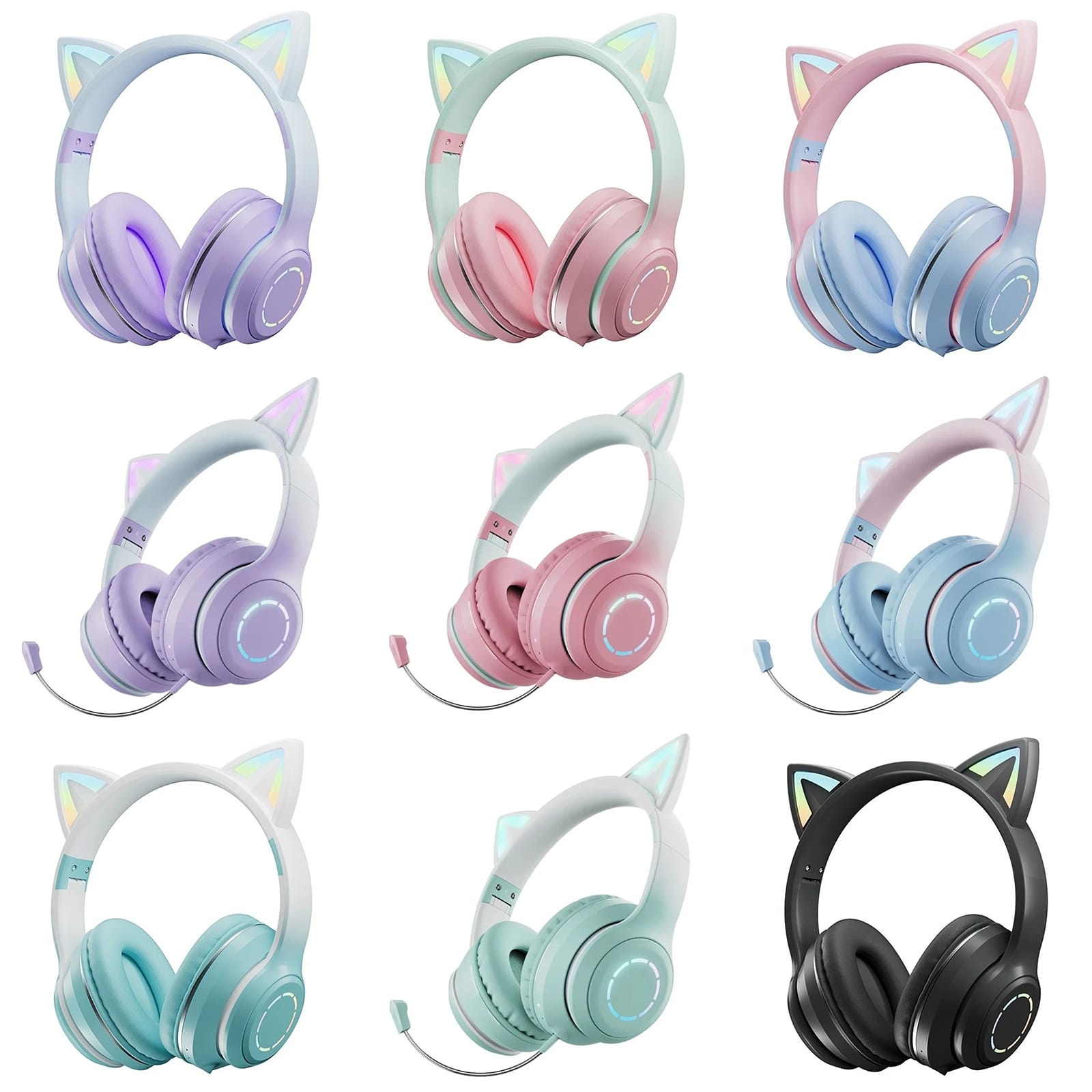 Gradient Cat Ears Noise Canceling Headset Stereo Sound Headphones Wireless Headphones With Built-in Microphone For Home Gaming purple + microphone - Image 5
