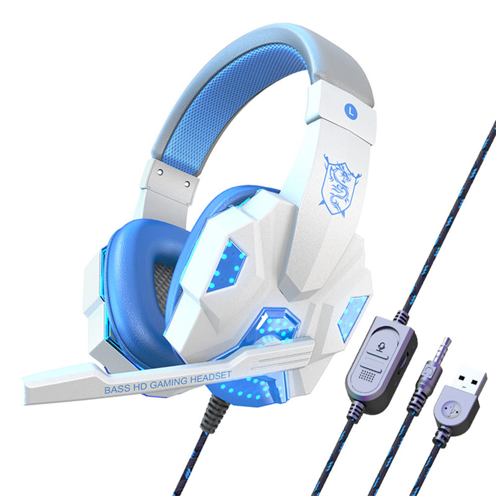 SY830MV Wired Headsets Over-Ear Stereo Earphones Cool Lighting Gaming Headset for Smart Phones Computer Laptop Tablet White Blue