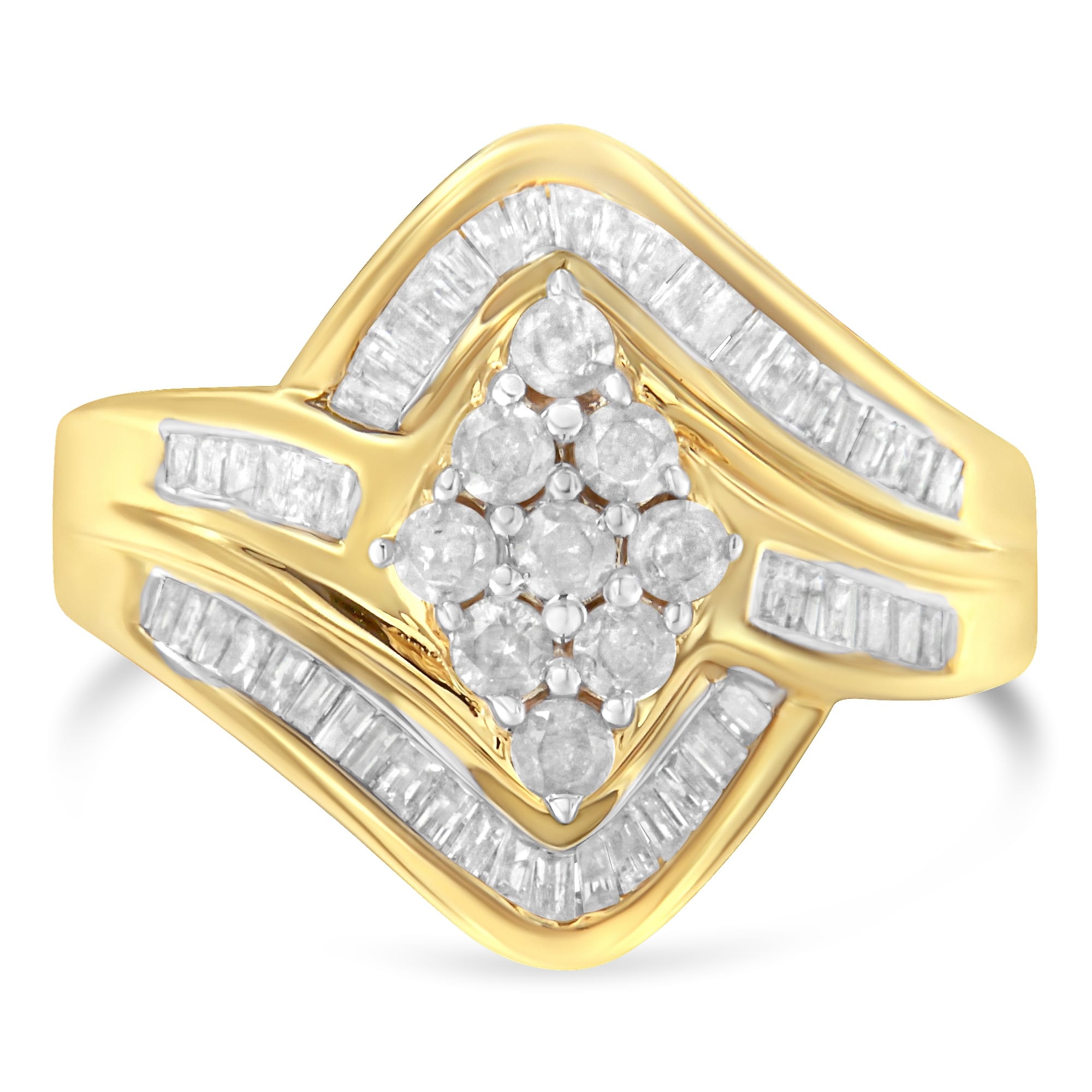 10K Yellow Gold over .925 Sterling Silver Diamond Bypass Cluster Ring (1 Cttw, I-J Color, I2-I3 Clarity) - Size 6-3/4 - Image 3