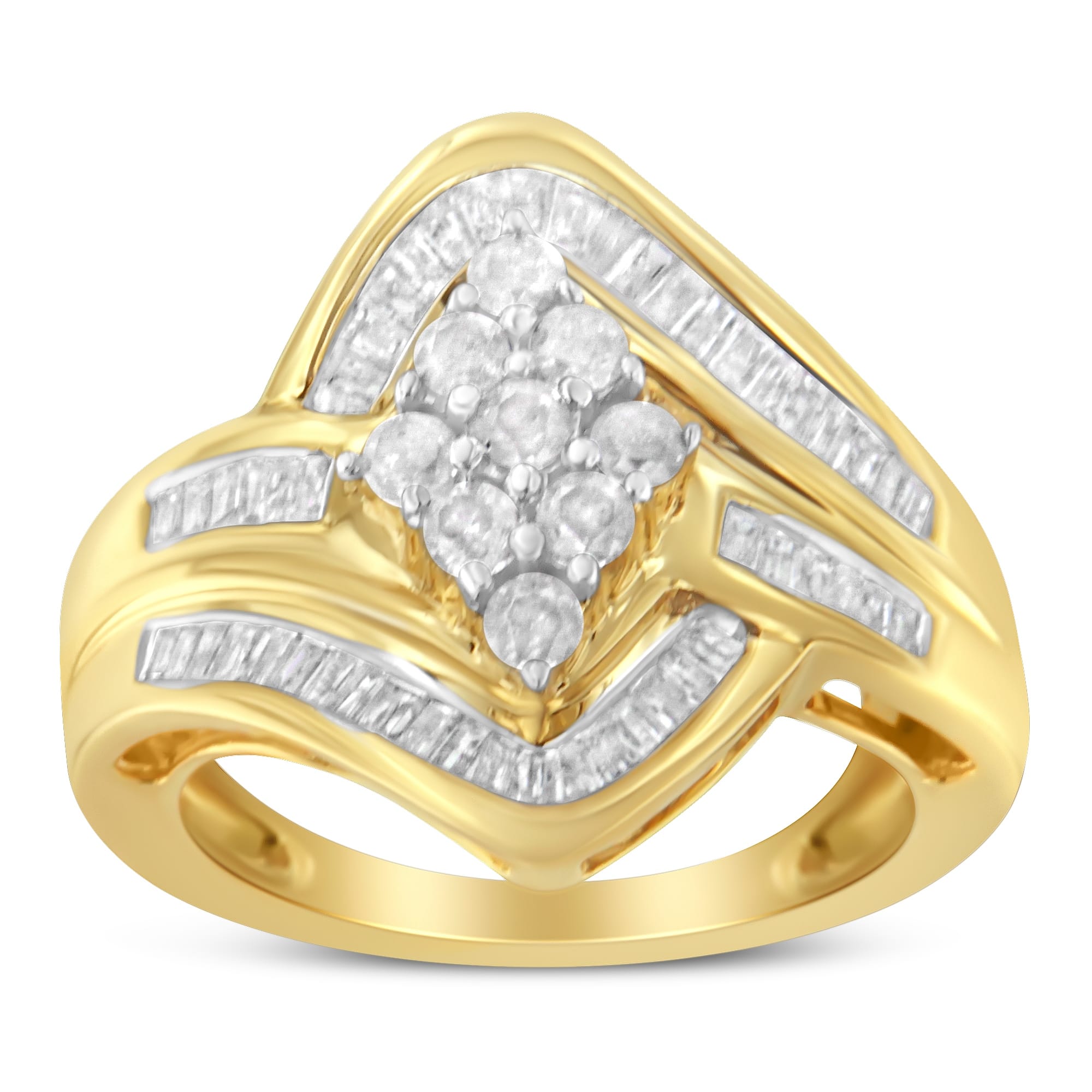 10K Yellow Gold over .925 Sterling Silver Diamond Bypass Cluster Ring (1 Cttw, I-J Color, I2-I3 Clarity) - Size 6-3/4 - Image 4
