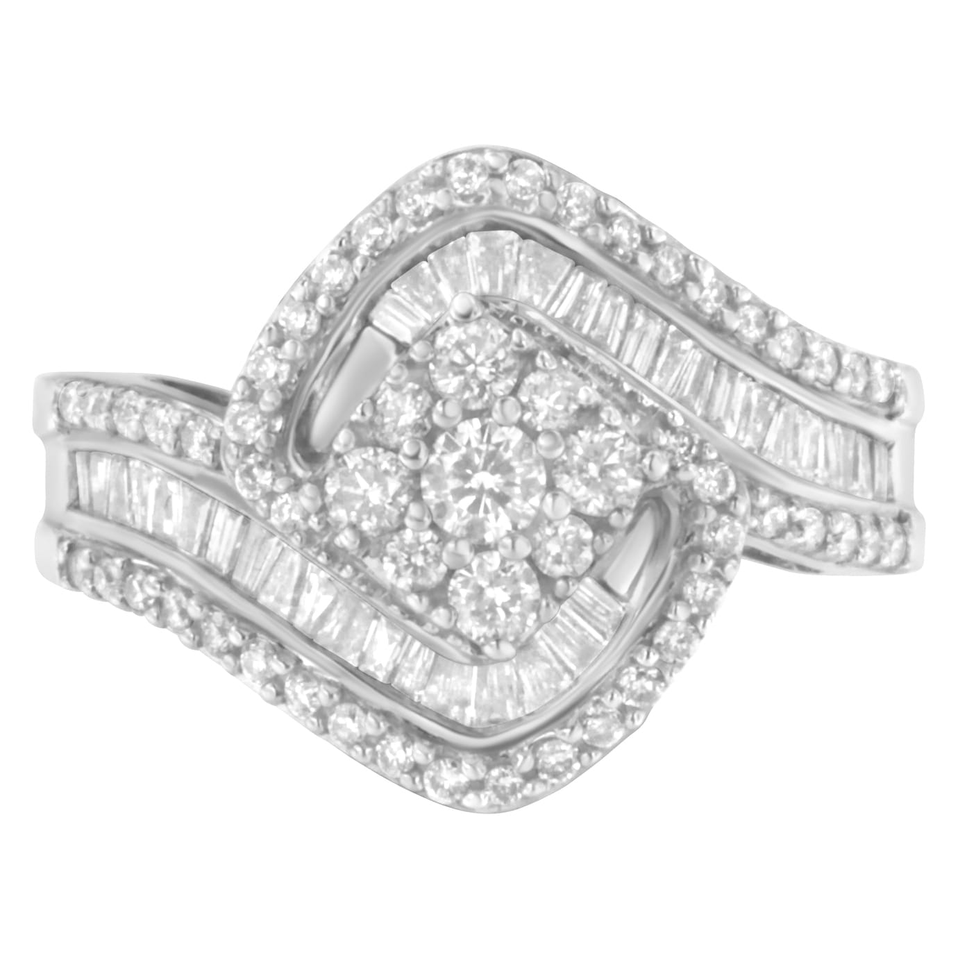 14K White Gold 1.0 Cttw Baguette & Brilliant-Cut Diamond Round Floral Cluster Engagement or Fashion Ring with Swirl Wrapped Triple Row Band (H-I Color, SI2-I1 Clarity) - Size 7-1/4